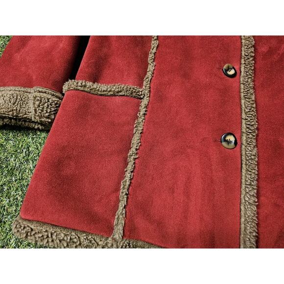 LL BEAN Womens Sherpa Faux Suede Winter Jacket size Medium Red Brown Teddy - Picture 2 of 8